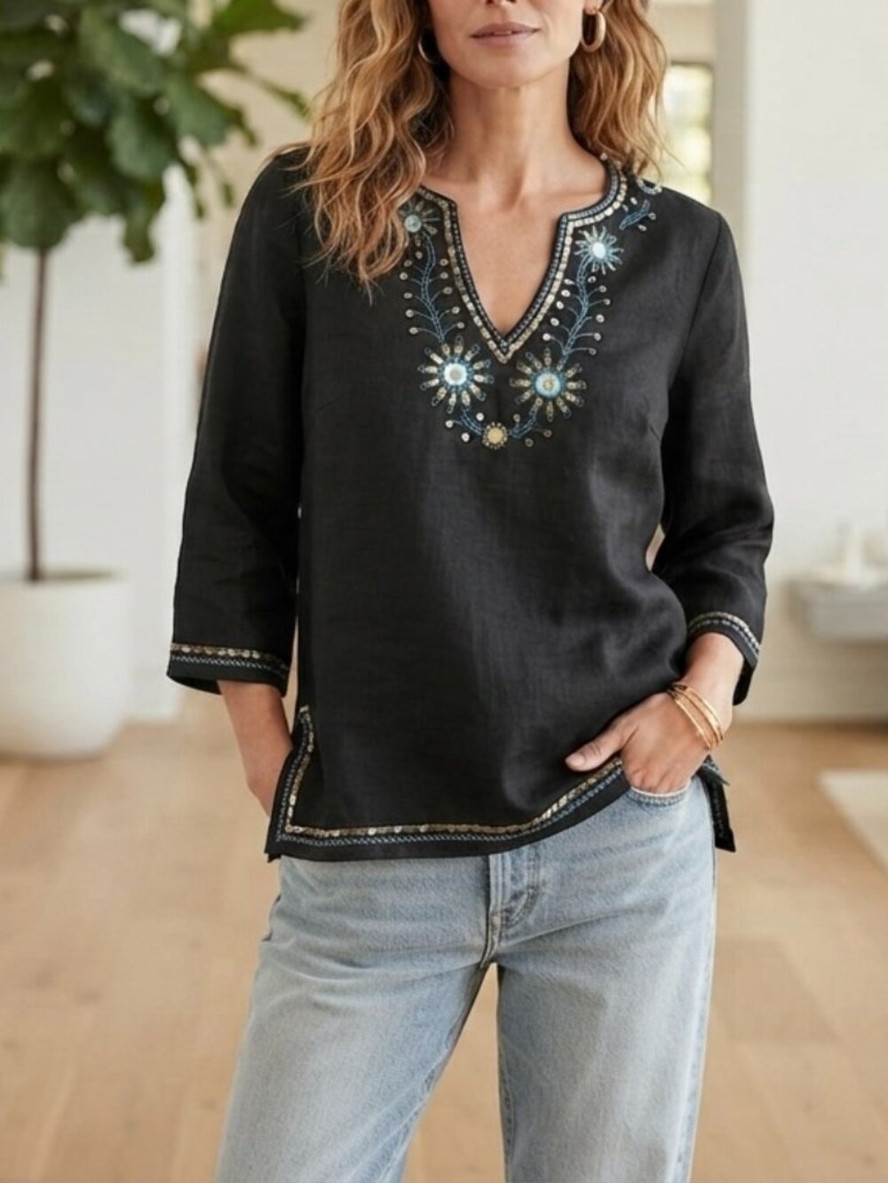 Grace Elements Women 100% Linen Embellished Top Size Medium Boho Hippie Retro
